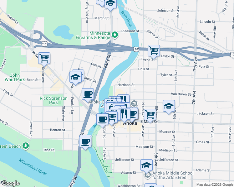 map of restaurants, bars, coffee shops, grocery stores, and more near 228 Harrison Street in Anoka