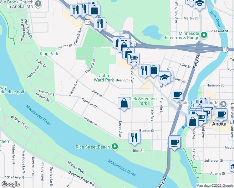 map of restaurants, bars, coffee shops, grocery stores, and more near 528 Western Street in Anoka