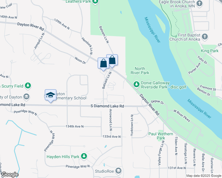 map of restaurants, bars, coffee shops, grocery stores, and more near 13680 Balsam Lane North in Dayton