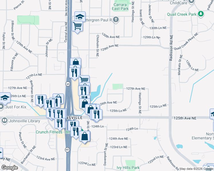 map of restaurants, bars, coffee shops, grocery stores, and more near 1542 127th Lane Northeast in Blaine