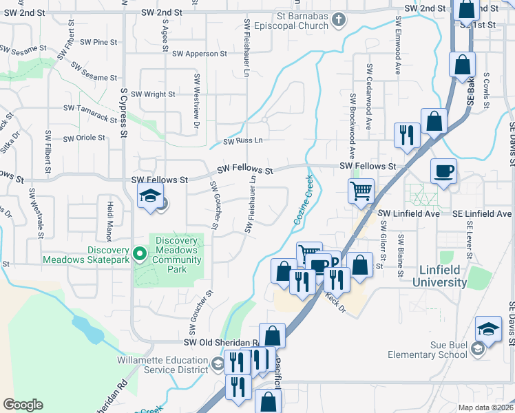 map of restaurants, bars, coffee shops, grocery stores, and more near 1130 South Fleishauer Lane in McMinnville