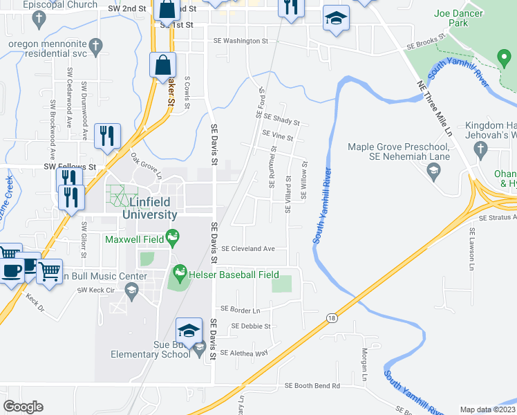 map of restaurants, bars, coffee shops, grocery stores, and more near 1118 Southeast Rollins Avenue in McMinnville