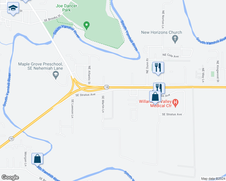 map of restaurants, bars, coffee shops, grocery stores, and more near 2270 Southeast Stratus Avenue in McMinnville