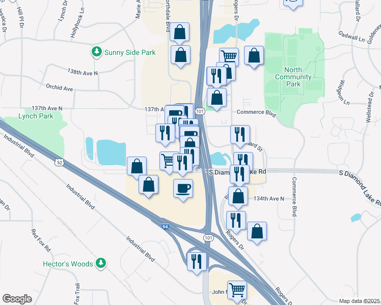 map of restaurants, bars, coffee shops, grocery stores, and more near 13590 Northdale Boulevard in Rogers