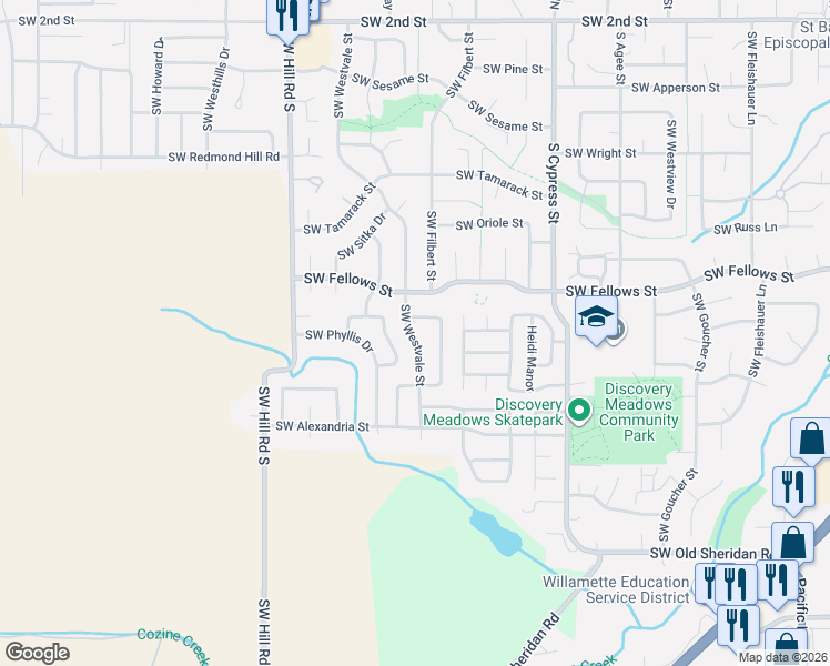 map of restaurants, bars, coffee shops, grocery stores, and more near 1156 Southwest Westvale Street in McMinnville