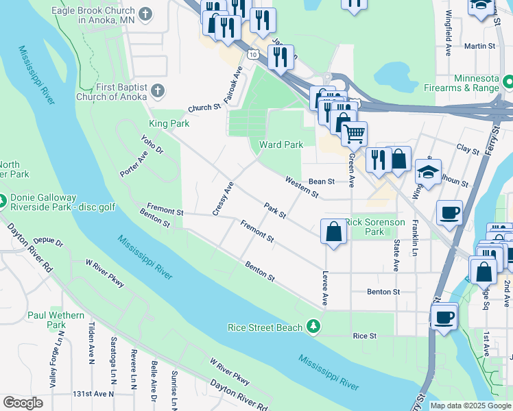map of restaurants, bars, coffee shops, grocery stores, and more near 810 Park Street in Anoka