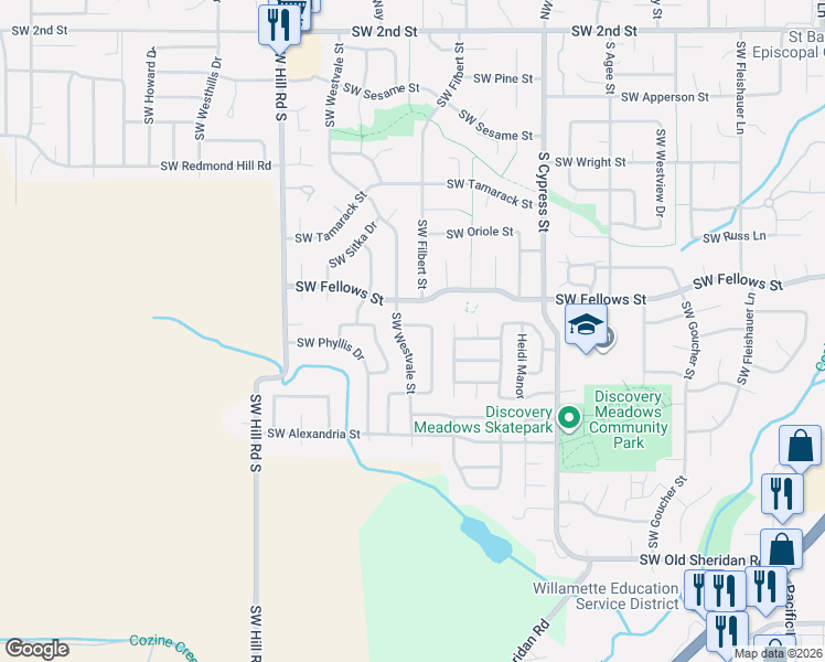 map of restaurants, bars, coffee shops, grocery stores, and more near 1926 Southwest Emma Drive in McMinnville