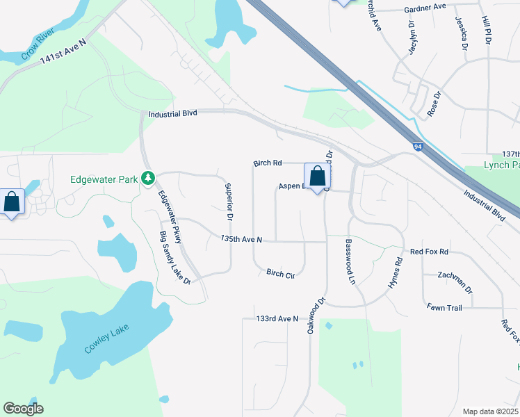 map of restaurants, bars, coffee shops, grocery stores, and more near 13576 Birch Road in Rogers