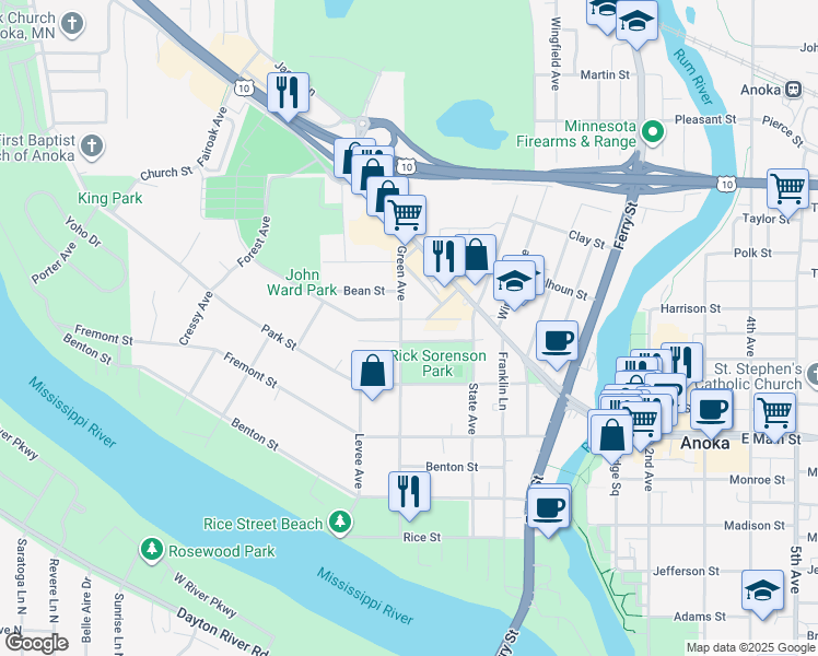 map of restaurants, bars, coffee shops, grocery stores, and more near 2110 Green Avenue in Anoka