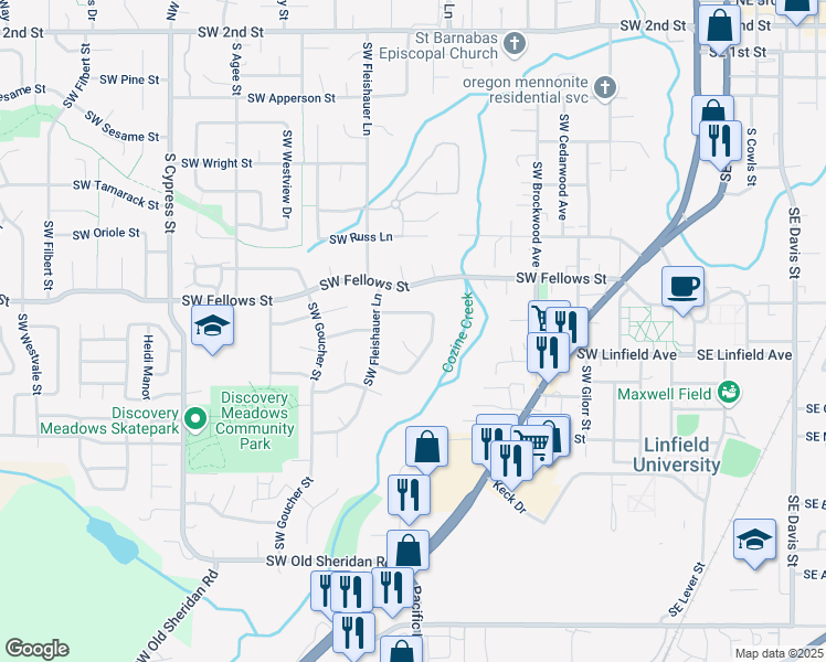 map of restaurants, bars, coffee shops, grocery stores, and more near 1149 West Tall Oaks Court in McMinnville