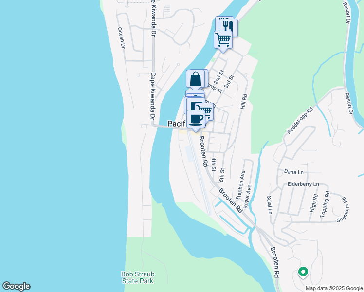 map of restaurants, bars, coffee shops, grocery stores, and more near 35145 Rueppell Avenue in Pacific City
