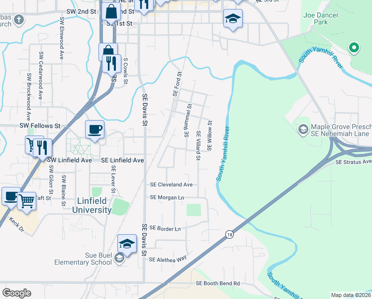 map of restaurants, bars, coffee shops, grocery stores, and more near 1033 South Rummel Street in McMinnville