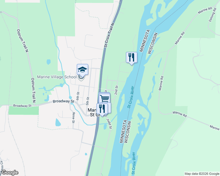 map of restaurants, bars, coffee shops, grocery stores, and more near 301 3rd Street in Marine on Saint Croix