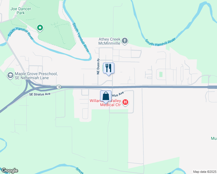 map of restaurants, bars, coffee shops, grocery stores, and more near Highway 18 in McMinnville