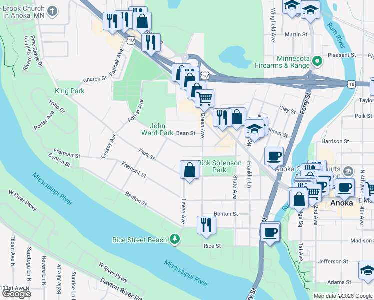map of restaurants, bars, coffee shops, grocery stores, and more near 528 Western Street in Anoka