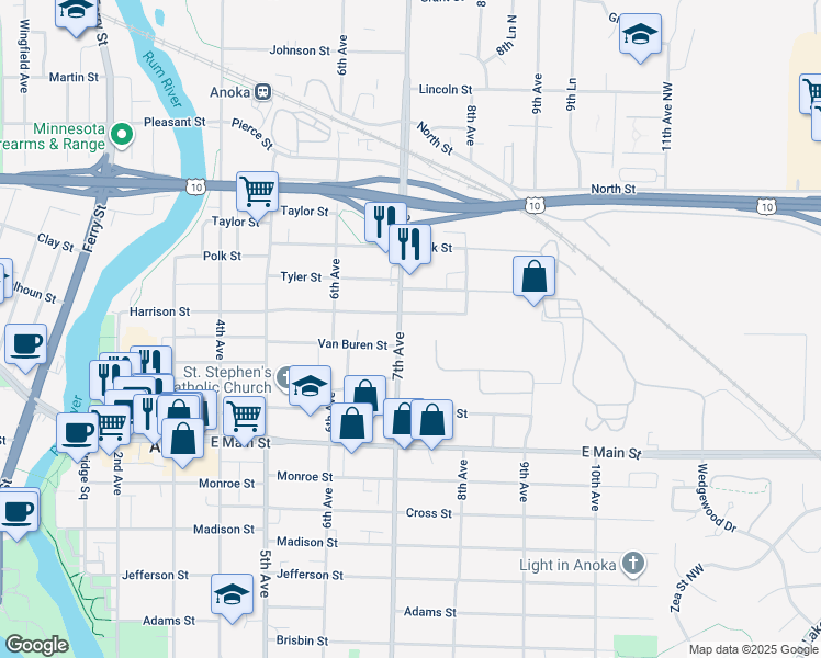 map of restaurants, bars, coffee shops, grocery stores, and more near 2210 7th Avenue in Anoka