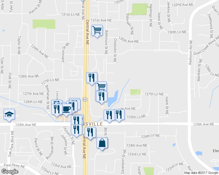 map of restaurants, bars, coffee shops, grocery stores, and more near 1512 127th Lane Northeast in Blaine