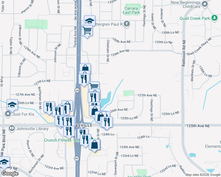 map of restaurants, bars, coffee shops, grocery stores, and more near 1542 127th Ln NE in Blaine