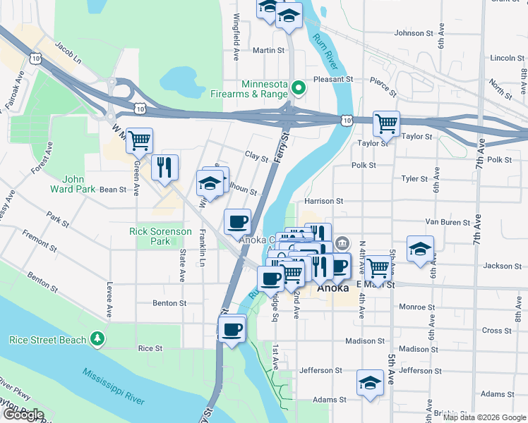 map of restaurants, bars, coffee shops, grocery stores, and more near 2030 North Ferry Street in Anoka
