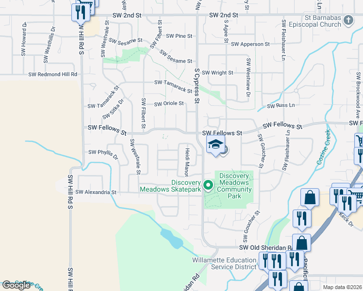 map of restaurants, bars, coffee shops, grocery stores, and more near 92 Heidi Manor in McMinnville