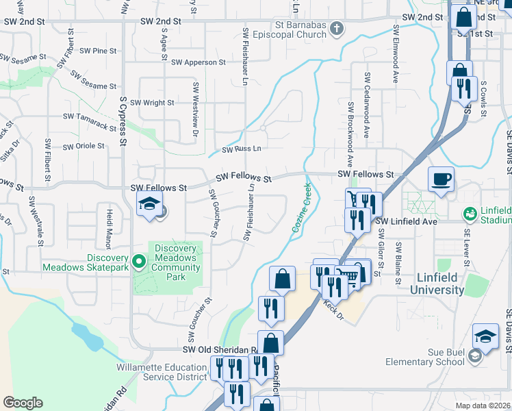 map of restaurants, bars, coffee shops, grocery stores, and more near 1110 Southwest Fleishauer Lane in McMinnville