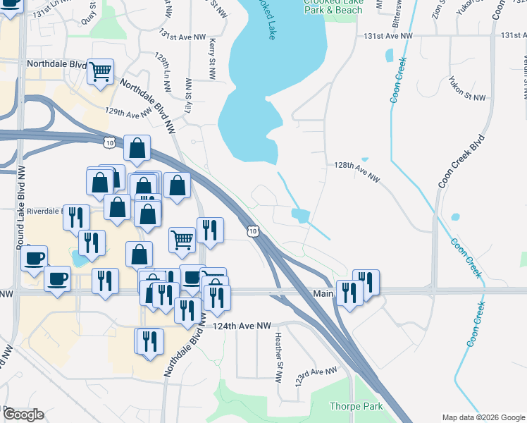 map of restaurants, bars, coffee shops, grocery stores, and more near 3020 127th Avenue in Minneapolis