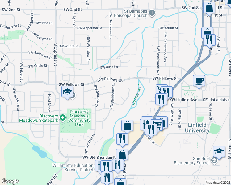 map of restaurants, bars, coffee shops, grocery stores, and more near 1110 Southwest Fleishauer Lane in McMinnville