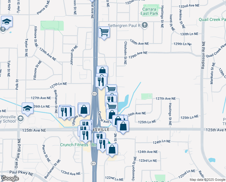 map of restaurants, bars, coffee shops, grocery stores, and more near 12721 Aberdeen Street Northeast in Blaine