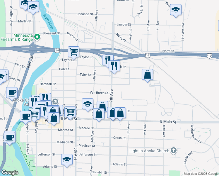 map of restaurants, bars, coffee shops, grocery stores, and more near 2205 7th Avenue in Anoka
