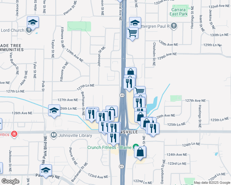 map of restaurants, bars, coffee shops, grocery stores, and more near 12724 Central Avenue Northeast in Minneapolis