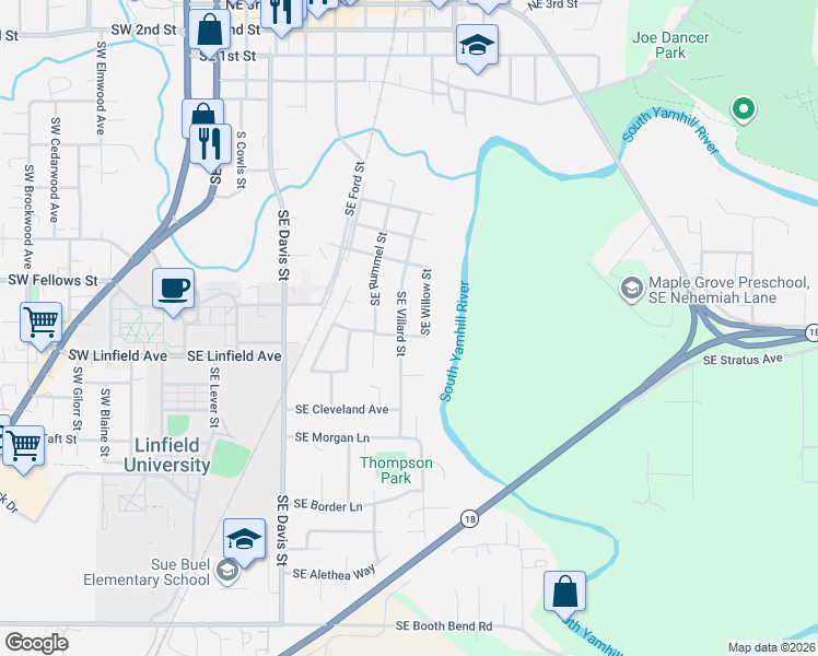 map of restaurants, bars, coffee shops, grocery stores, and more near 815 Southeast Naomi Way in McMinnville