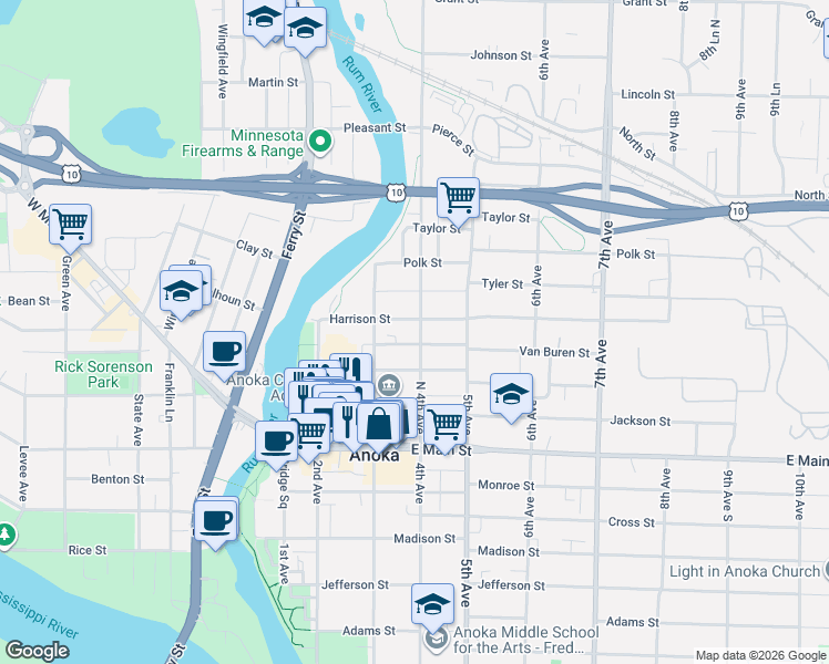 map of restaurants, bars, coffee shops, grocery stores, and more near 2231 4th Avenue in Anoka