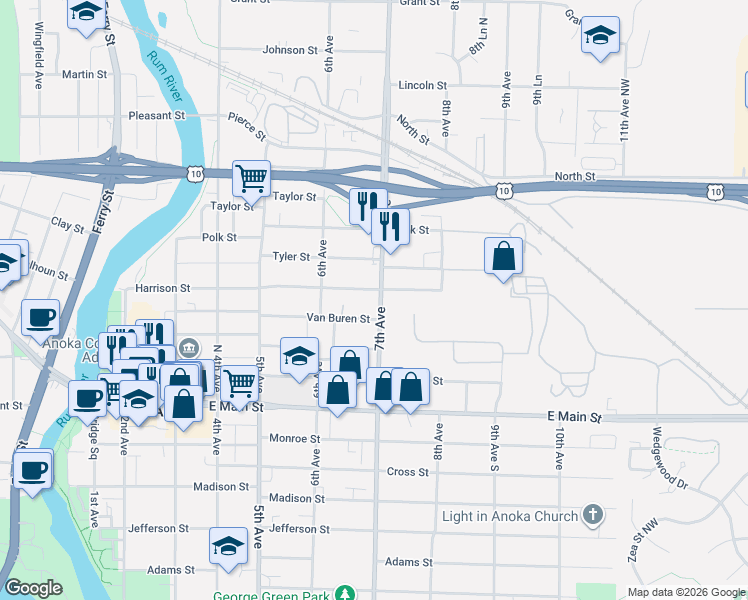 map of restaurants, bars, coffee shops, grocery stores, and more near 2210 7th Avenue in Anoka