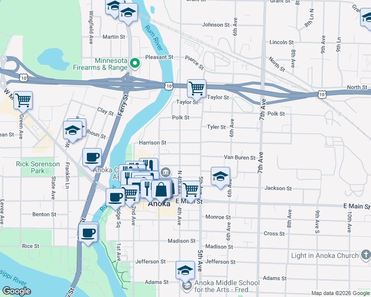 map of restaurants, bars, coffee shops, grocery stores, and more near 2231 4th Avenue in Anoka