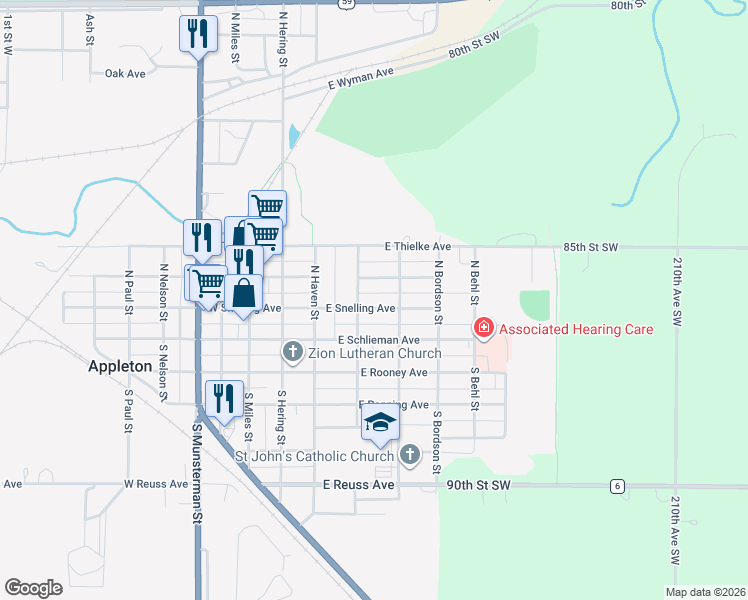 map of restaurants, bars, coffee shops, grocery stores, and more near 241 East Snelling Avenue in Appleton