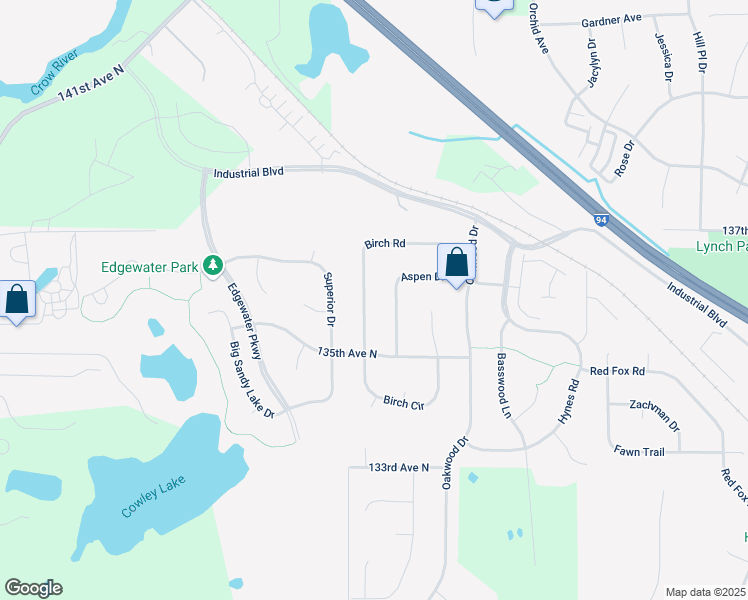 map of restaurants, bars, coffee shops, grocery stores, and more near 13576 Birch Road in Rogers