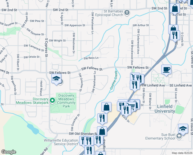 map of restaurants, bars, coffee shops, grocery stores, and more near 1110 Southwest Fleishauer Lane in McMinnville