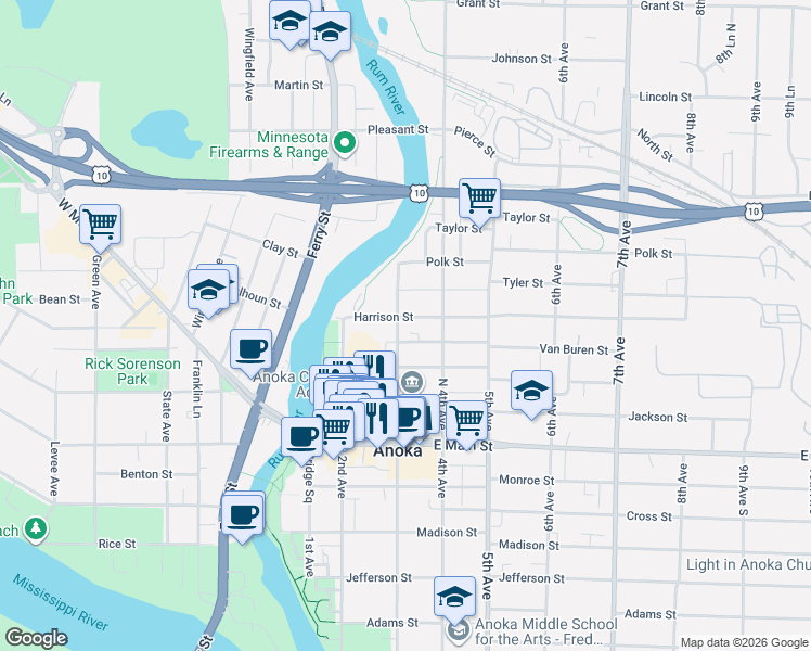 map of restaurants, bars, coffee shops, grocery stores, and more near 2222 3rd Avenue in Anoka