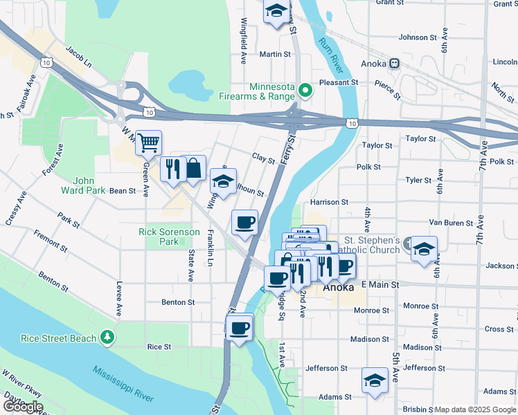 map of restaurants, bars, coffee shops, grocery stores, and more near 2030 North Ferry Street in Anoka