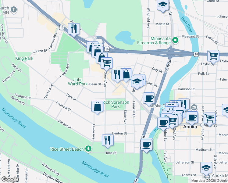 map of restaurants, bars, coffee shops, grocery stores, and more near 439 Douglas Street in Anoka