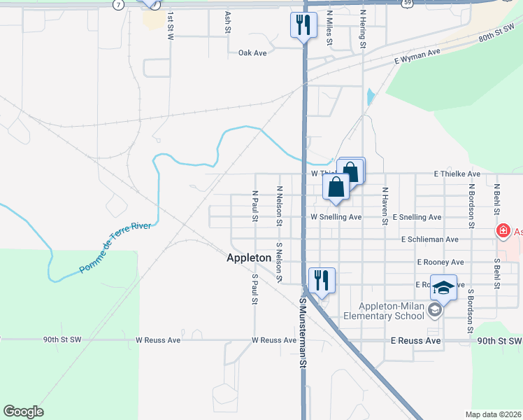 map of restaurants, bars, coffee shops, grocery stores, and more near 123 North Paul Street in Appleton