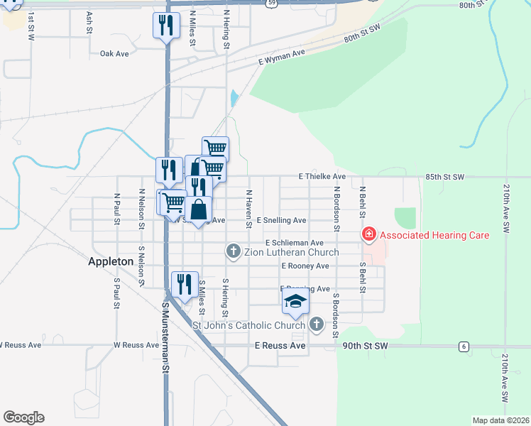 map of restaurants, bars, coffee shops, grocery stores, and more near 149 East Snelling Avenue in Appleton