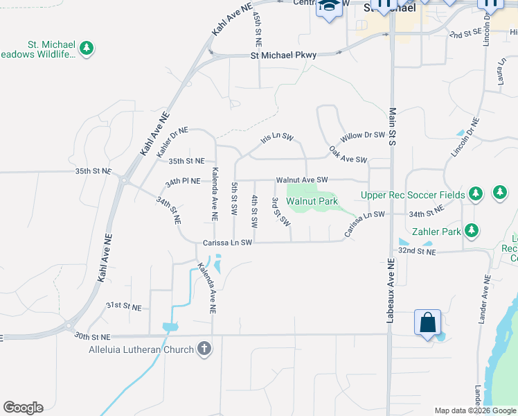 map of restaurants, bars, coffee shops, grocery stores, and more near 604 4th Street Southwest in Saint Michael
