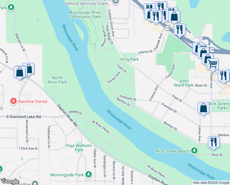 map of restaurants, bars, coffee shops, grocery stores, and more near 1146 Benton Street in Anoka
