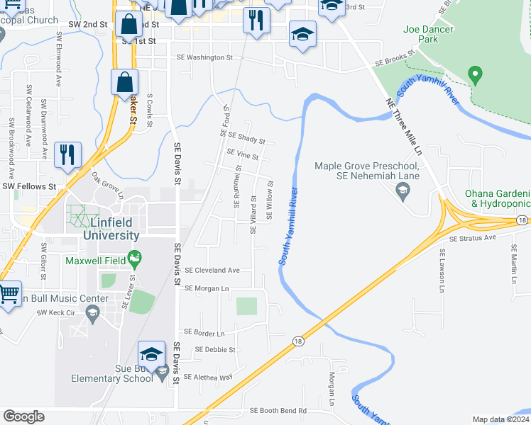 map of restaurants, bars, coffee shops, grocery stores, and more near 1045 Southeast Willow Street in McMinnville