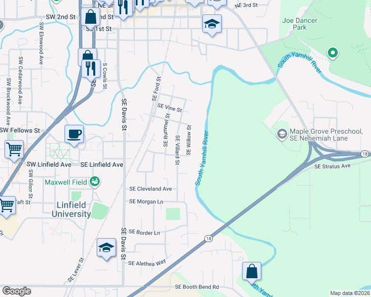 map of restaurants, bars, coffee shops, grocery stores, and more near 1043 Southeast Willow Street in McMinnville