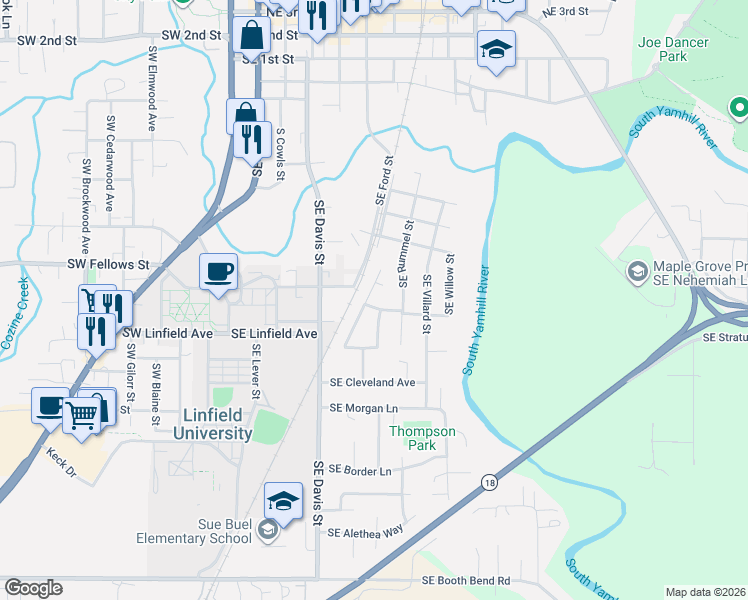 map of restaurants, bars, coffee shops, grocery stores, and more near 1100 Southeast Millright Avenue in McMinnville