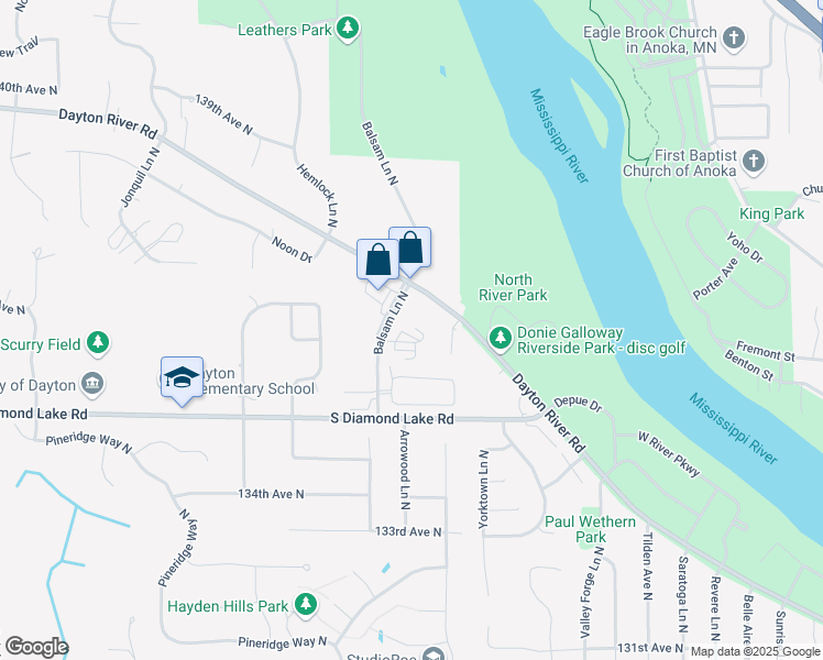 map of restaurants, bars, coffee shops, grocery stores, and more near 13680 Balsam Lane North in Dayton