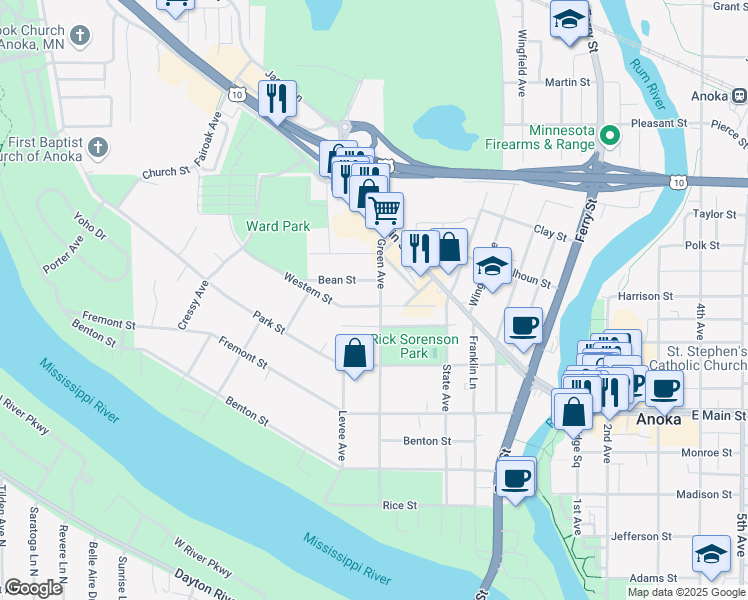 map of restaurants, bars, coffee shops, grocery stores, and more near 2153 Green Avenue in Anoka