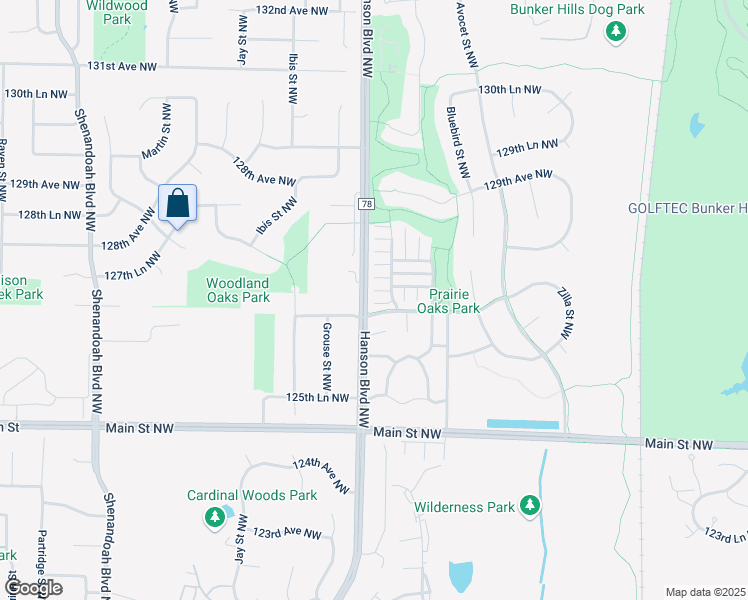 map of restaurants, bars, coffee shops, grocery stores, and more near 12720 Flamingo Street Northwest in Minneapolis